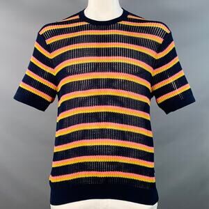 MR TURK Size XL Navy Multi Color Stripe Cotton Knit Mesh T-shirt